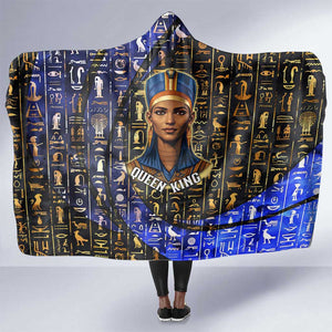 Hatshepsut Hooded Blanket with Queen King Portrait, Temple Illustration and Blue-Gold Hieroglyphic - African Pride
