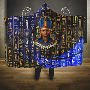 Hatshepsut Hooded Blanket with Queen King Portrait, Temple Illustration and Blue-Gold Hieroglyphic - African Pride