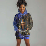 Hatshepsut Hoodie Dress with Queen King Portrait, Temple Illustration and Blue-Gold Hieroglyphic - African Pride
