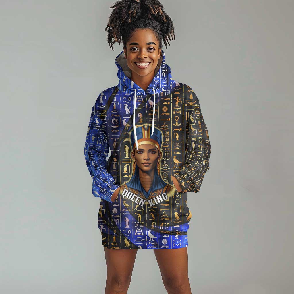 Hatshepsut Hoodie Dress with Queen King Portrait, Temple Illustration and Blue-Gold Hieroglyphic - African Pride