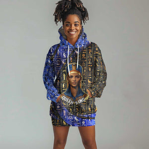 Hatshepsut Hoodie Dress with Queen King Portrait, Temple Illustration and Blue-Gold Hieroglyphic - African Pride