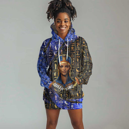 Hatshepsut Hoodie Dress with Queen King Portrait, Temple Illustration and Blue-Gold Hieroglyphic - African Pride
