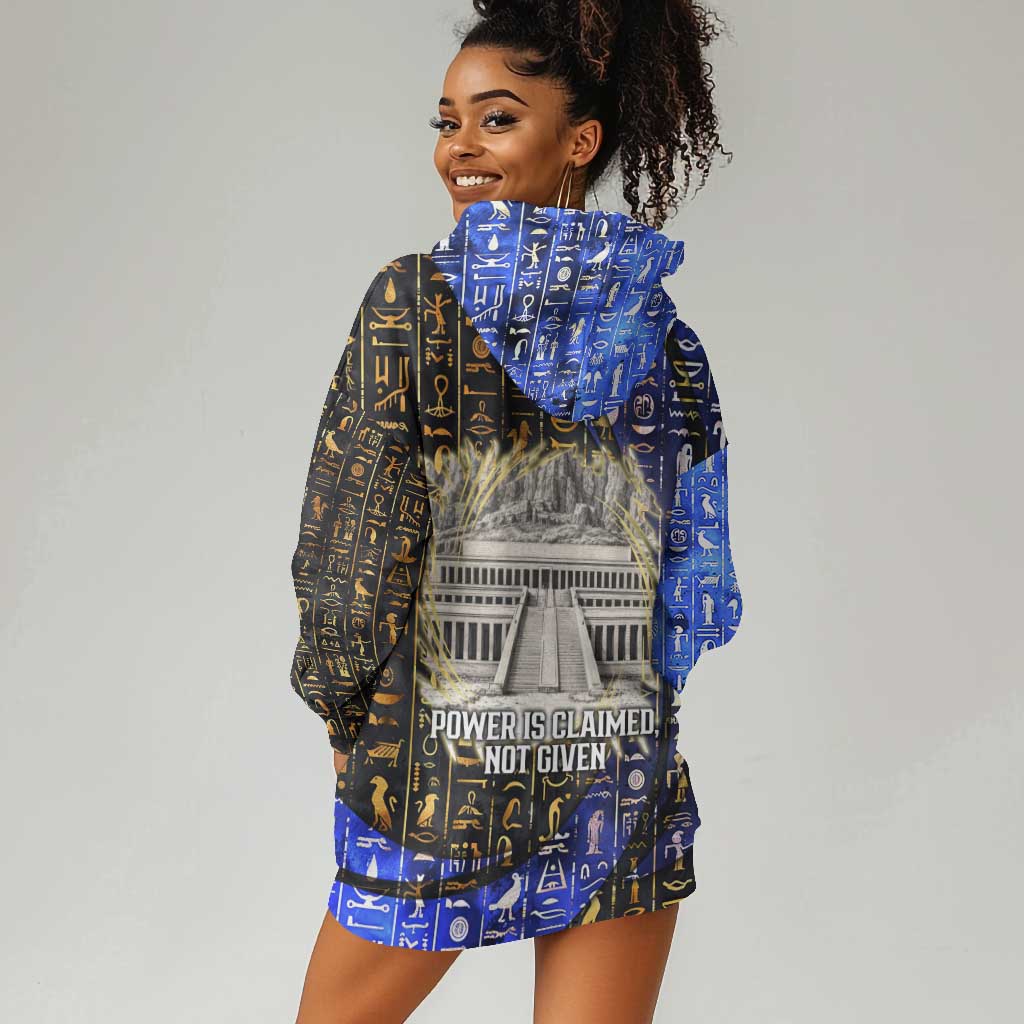 Hatshepsut Hoodie Dress with Queen King Portrait, Temple Illustration and Blue-Gold Hieroglyphic - African Pride