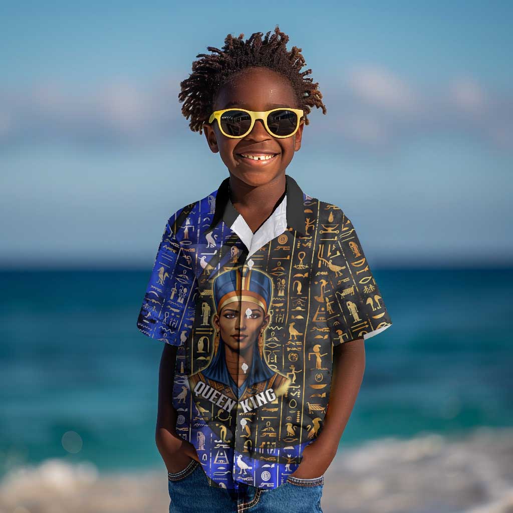 Hatshepsut Kid Hawaiian Shirt with Queen King Portrait, Temple Illustration and Blue-Gold Hieroglyphic - African Pride