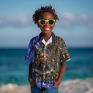 Hatshepsut Kid Hawaiian Shirt with Queen King Portrait, Temple Illustration and Blue-Gold Hieroglyphic - African Pride
