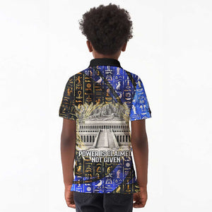 Hatshepsut Kid Polo Shirt with Queen King Portrait, Temple Illustration and Blue-Gold Hieroglyphic - African Pride