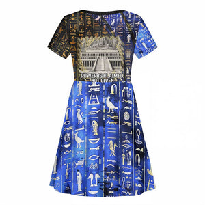Hatshepsut Kid Short Sleeve Dress with Queen King Portrait, Temple Illustration and Blue-Gold Hieroglyphic - African Pride