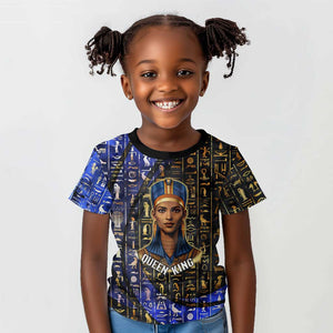 Hatshepsut Kid T shirt with Queen King Portrait, Temple Illustration and Blue-Gold Hieroglyphic - African Pride