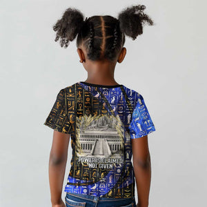 Hatshepsut Kid T shirt with Queen King Portrait, Temple Illustration and Blue-Gold Hieroglyphic - African Pride