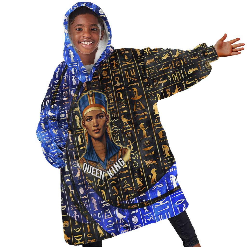Hatshepsut Kid Wearable Blanket Hoodie with Queen King Portrait, Temple Illustration and Blue-Gold Hieroglyphic - African Pride