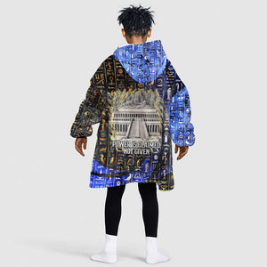 Hatshepsut Kid Wearable Blanket Hoodie with Queen King Portrait, Temple Illustration and Blue-Gold Hieroglyphic - African Pride
