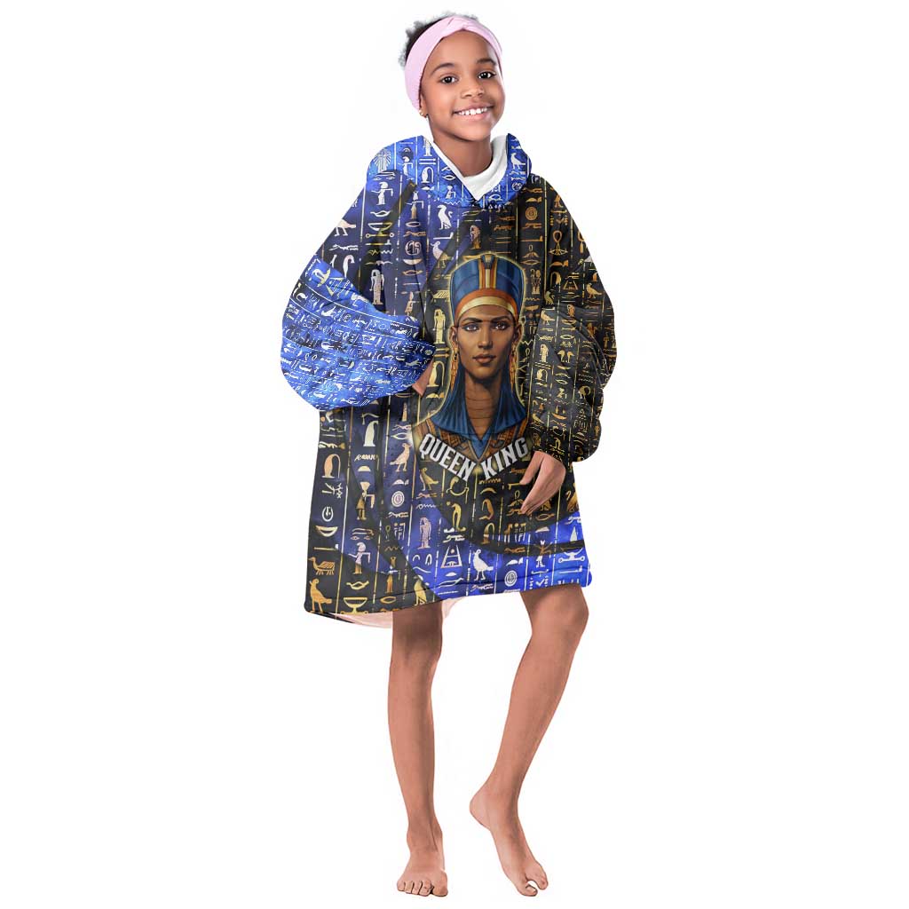 Hatshepsut Kid Wearable Blanket Hoodie with Queen King Portrait, Temple Illustration and Blue-Gold Hieroglyphic - African Pride