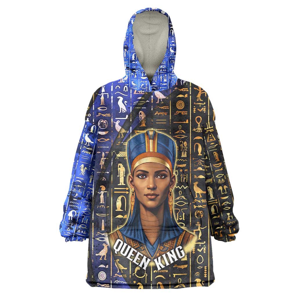 Hatshepsut Kid Wearable Blanket Hoodie with Queen King Portrait, Temple Illustration and Blue-Gold Hieroglyphic - African Pride