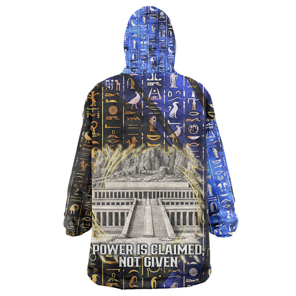 Hatshepsut Kid Wearable Blanket Hoodie with Queen King Portrait, Temple Illustration and Blue-Gold Hieroglyphic - African Pride