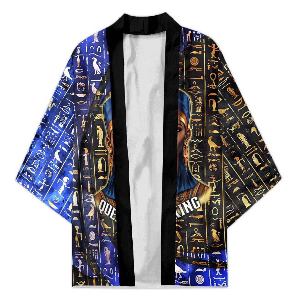 Hatshepsut Kimono with Queen King Portrait, Temple Illustration and Blue-Gold Hieroglyphic - African Pride