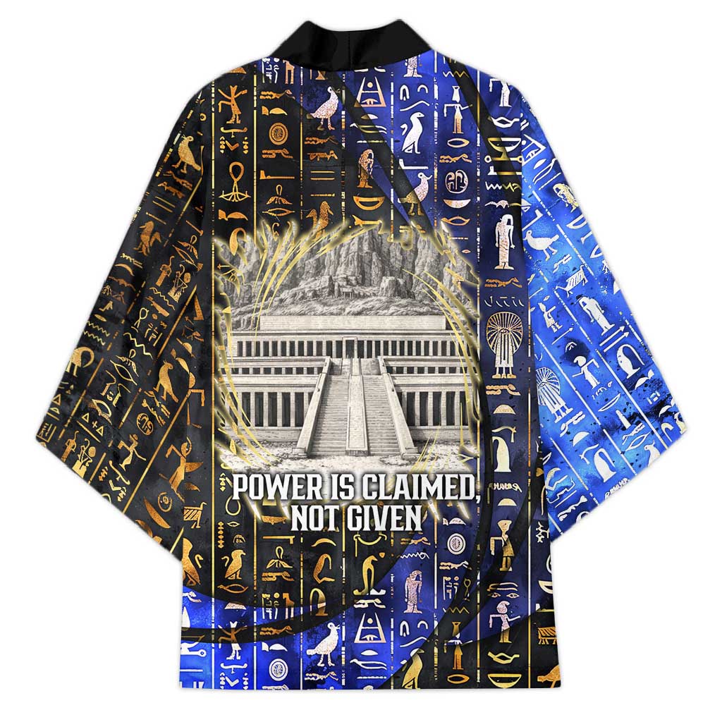 Hatshepsut Kimono with Queen King Portrait, Temple Illustration and Blue-Gold Hieroglyphic - African Pride