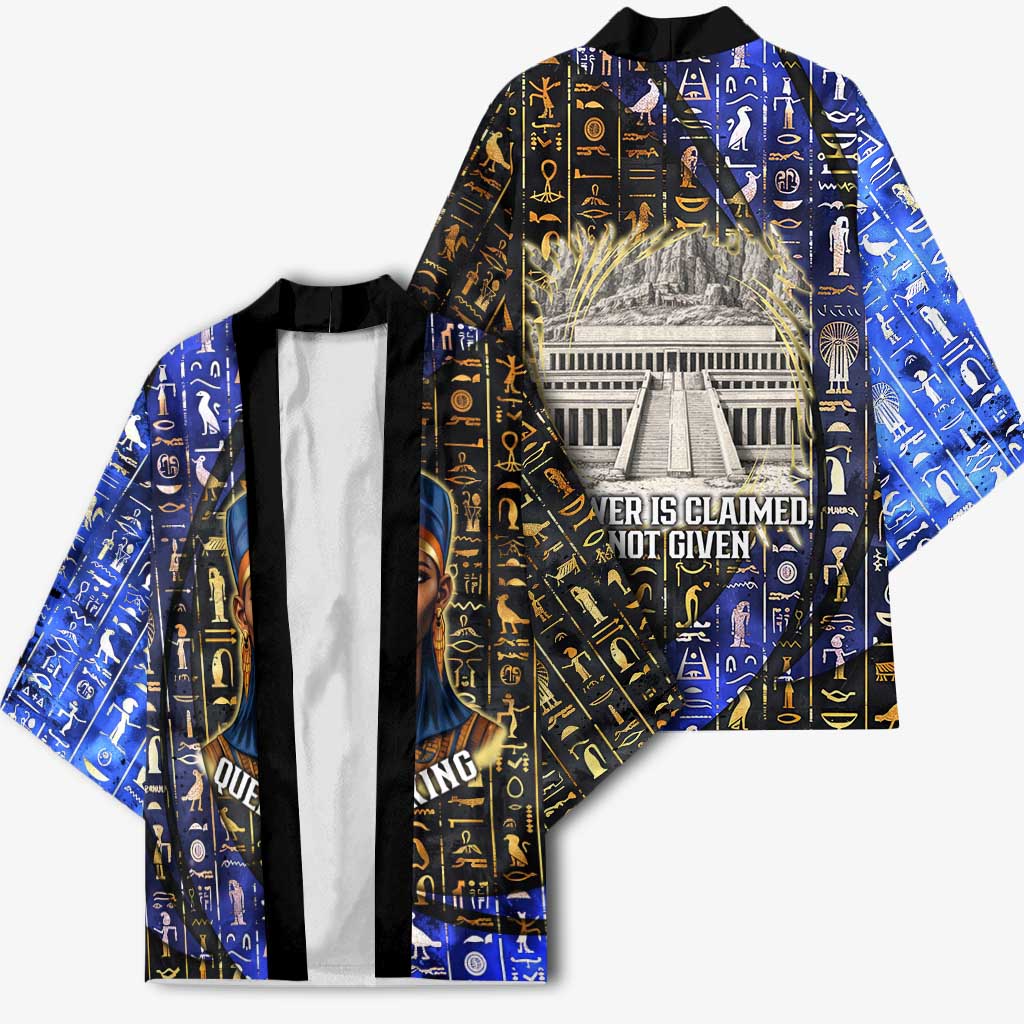 Hatshepsut Kimono with Queen King Portrait, Temple Illustration and Blue-Gold Hieroglyphic - African Pride