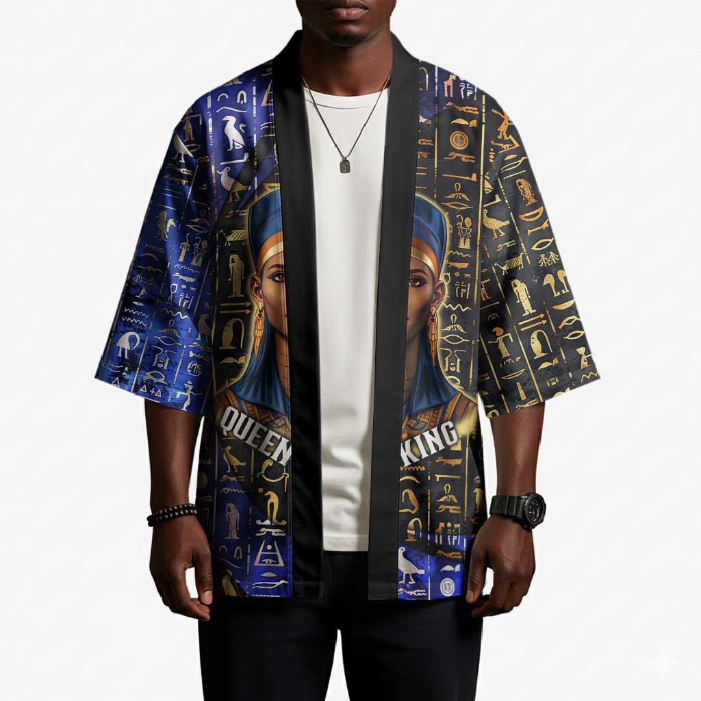 Hatshepsut Kimono with Queen King Portrait, Temple Illustration and Blue-Gold Hieroglyphic - African Pride