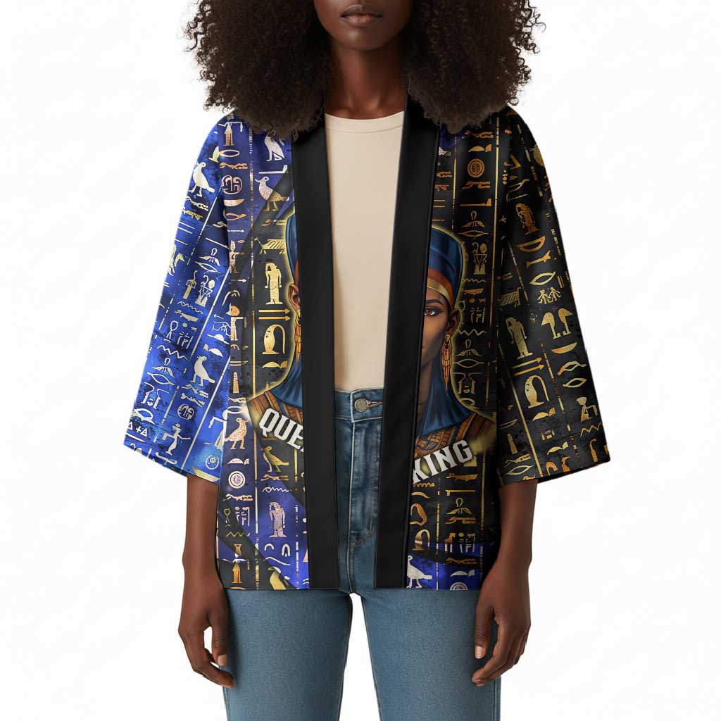 Hatshepsut Kimono with Queen King Portrait, Temple Illustration and Blue-Gold Hieroglyphic - African Pride
