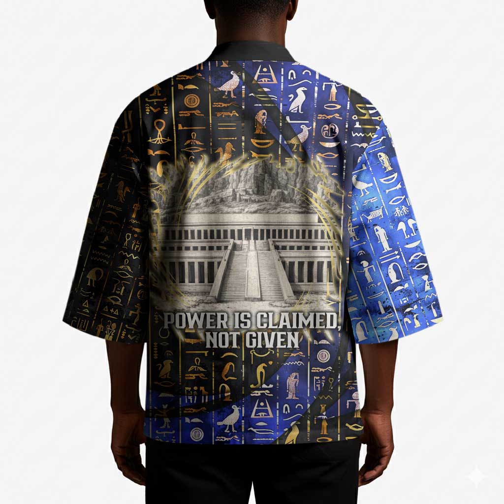 Hatshepsut Kimono with Queen King Portrait, Temple Illustration and Blue-Gold Hieroglyphic - African Pride
