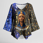 Hatshepsut Kimono Sleeve Blouse with Queen King Portrait, Temple Illustration and Blue-Gold Hieroglyphic - African Pride