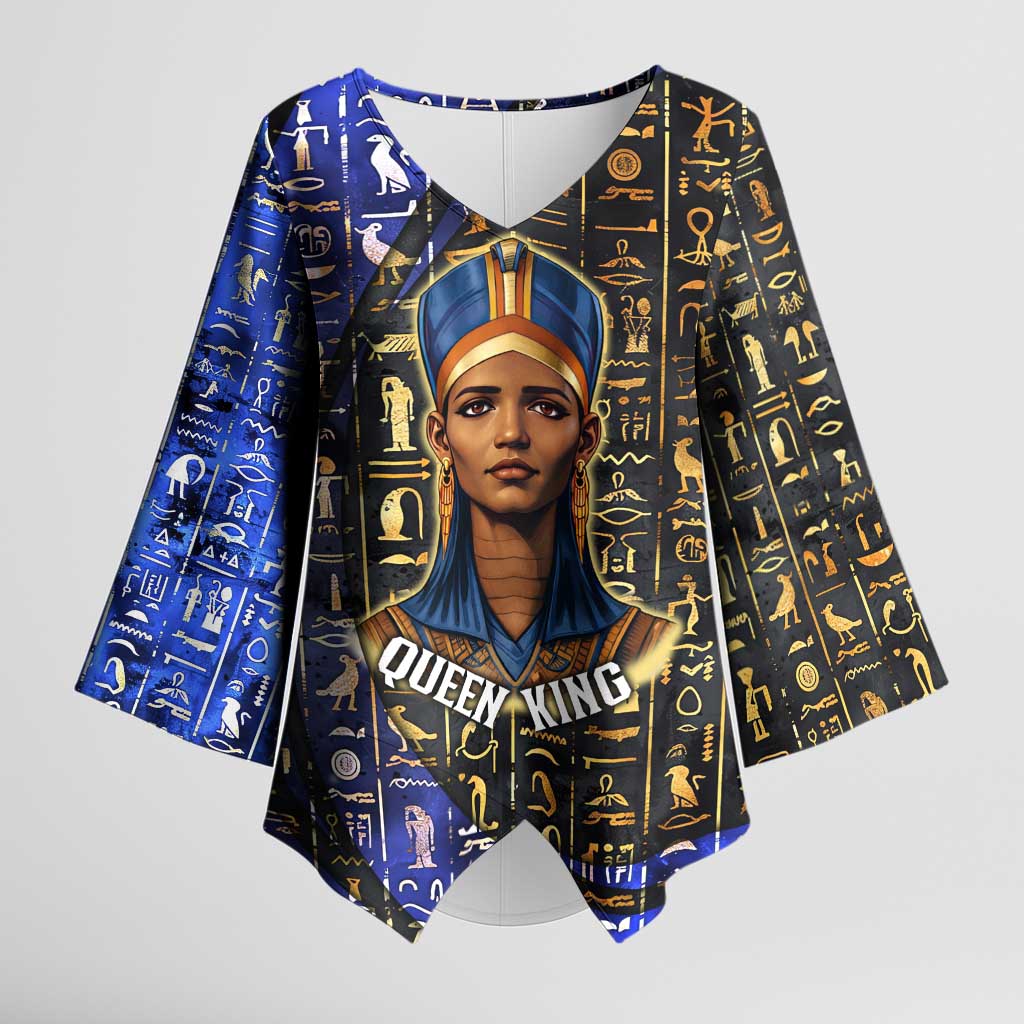 Hatshepsut Kimono Sleeve Blouse with Queen King Portrait, Temple Illustration and Blue-Gold Hieroglyphic - African Pride