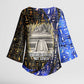 Hatshepsut Kimono Sleeve Blouse with Queen King Portrait, Temple Illustration and Blue-Gold Hieroglyphic - African Pride