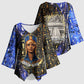Hatshepsut Kimono Sleeve Blouse with Queen King Portrait, Temple Illustration and Blue-Gold Hieroglyphic - African Pride