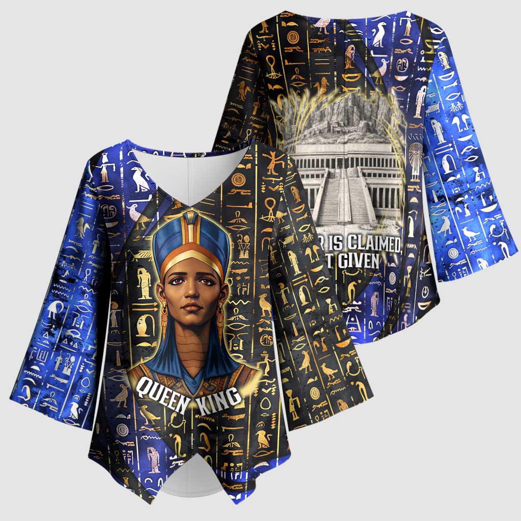 Hatshepsut Kimono Sleeve Blouse with Queen King Portrait, Temple Illustration and Blue-Gold Hieroglyphic - African Pride