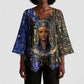 Hatshepsut Kimono Sleeve Blouse with Queen King Portrait, Temple Illustration and Blue-Gold Hieroglyphic - African Pride
