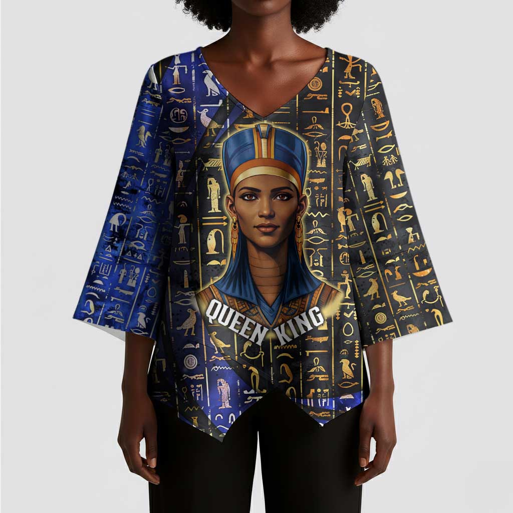 Hatshepsut Kimono Sleeve Blouse with Queen King Portrait, Temple Illustration and Blue-Gold Hieroglyphic - African Pride