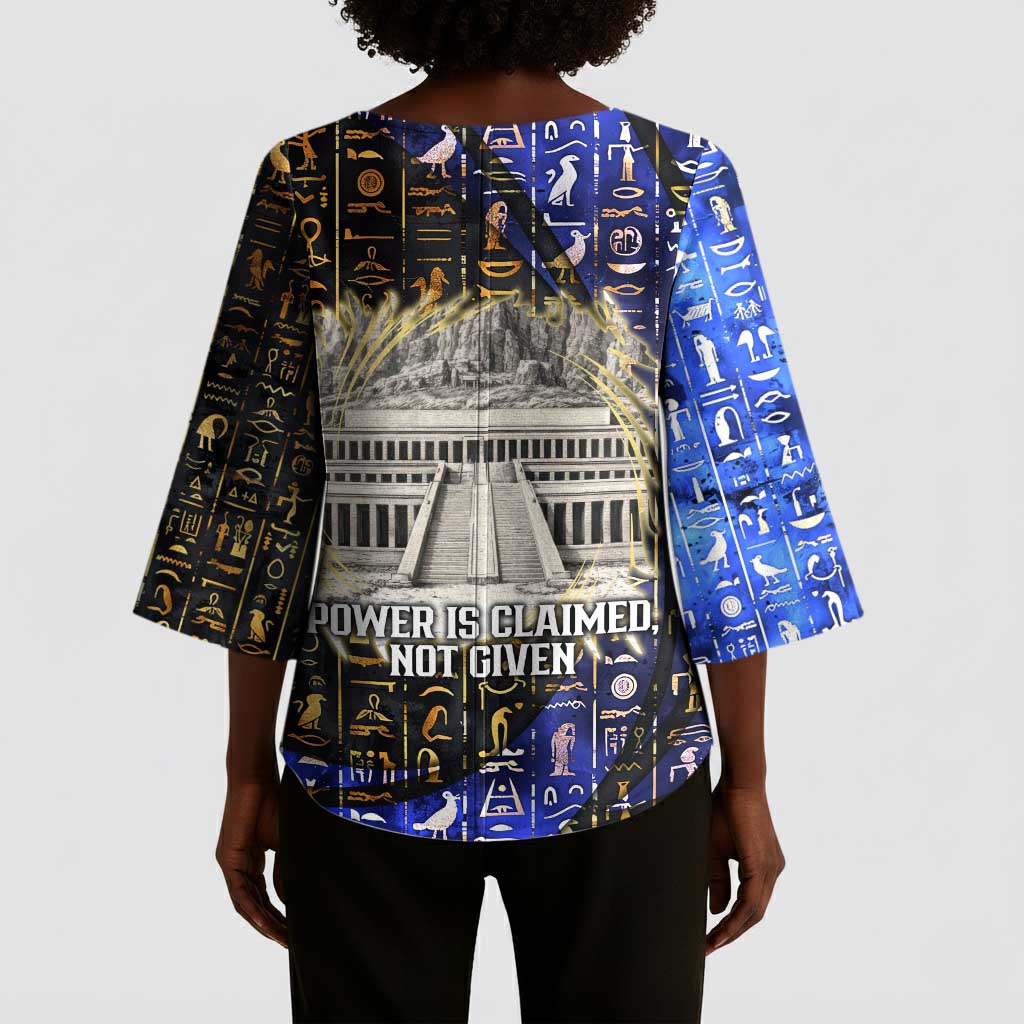 Hatshepsut Kimono Sleeve Blouse with Queen King Portrait, Temple Illustration and Blue-Gold Hieroglyphic - African Pride