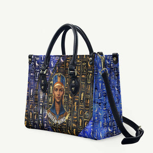 Hatshepsut Leather Bag with Queen King Portrait, Temple Illustration and Blue-Gold Hieroglyphic - African Pride