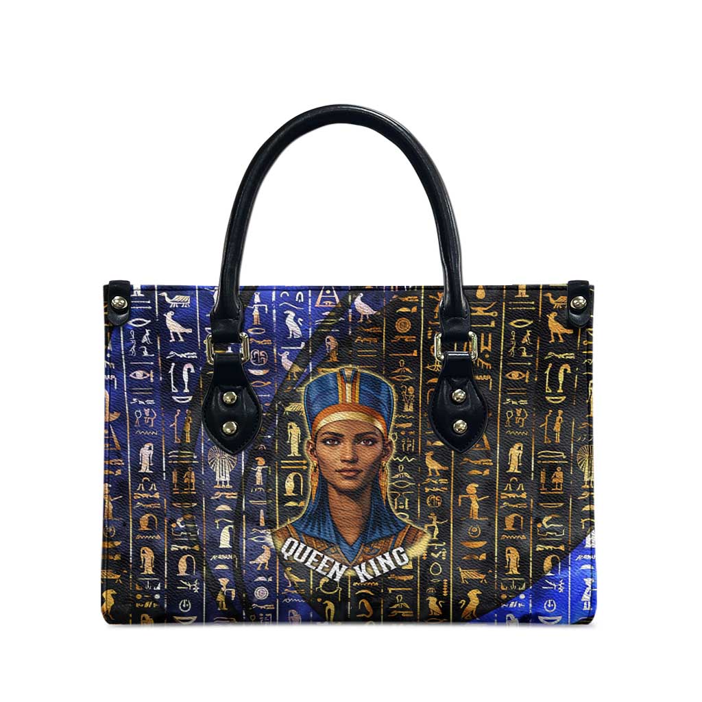 Hatshepsut Leather Bag with Queen King Portrait, Temple Illustration and Blue-Gold Hieroglyphic - African Pride