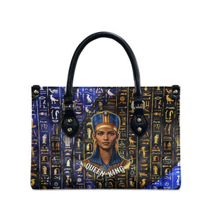 Hatshepsut Leather Bag with Queen King Portrait, Temple Illustration and Blue-Gold Hieroglyphic - African Pride