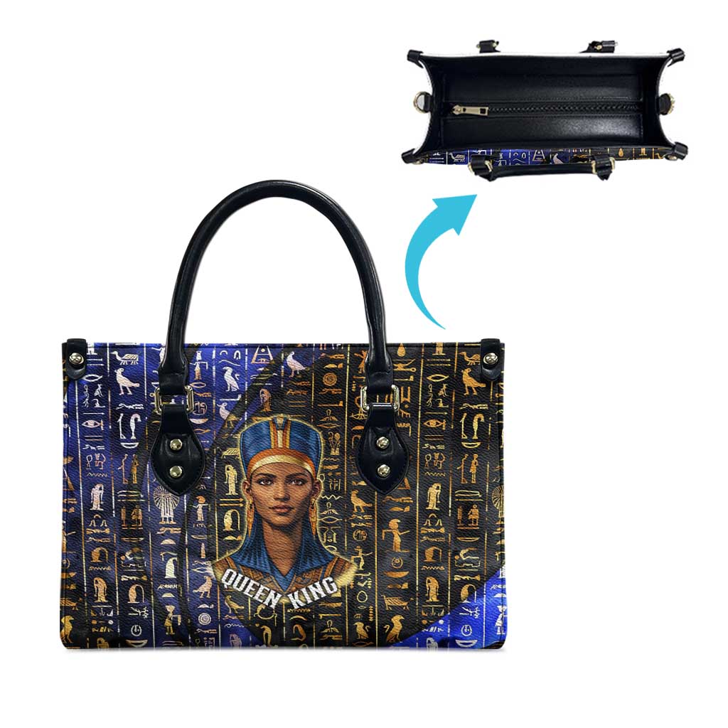 Hatshepsut Leather Bag with Queen King Portrait, Temple Illustration and Blue-Gold Hieroglyphic - African Pride