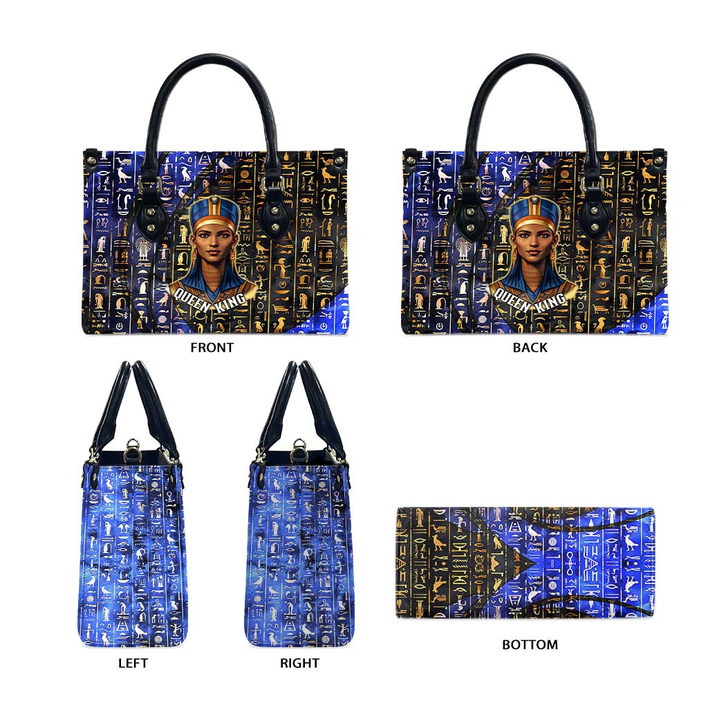 Hatshepsut Leather Bag with Queen King Portrait, Temple Illustration and Blue-Gold Hieroglyphic - African Pride