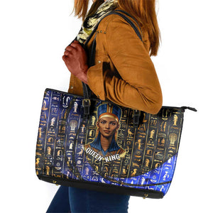 Hatshepsut Leather Tote Bag with Queen King Portrait, Temple Illustration and Blue-Gold Hieroglyphic - African Pride