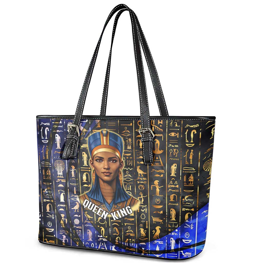 Hatshepsut Leather Tote Bag with Queen King Portrait, Temple Illustration and Blue-Gold Hieroglyphic - African Pride