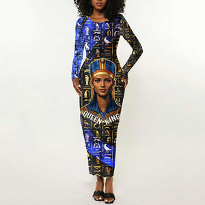 Hatshepsut Long Sleeve Bodycon Dress with Queen King Portrait, Temple Illustration and Blue-Gold Hieroglyphic - African Pride