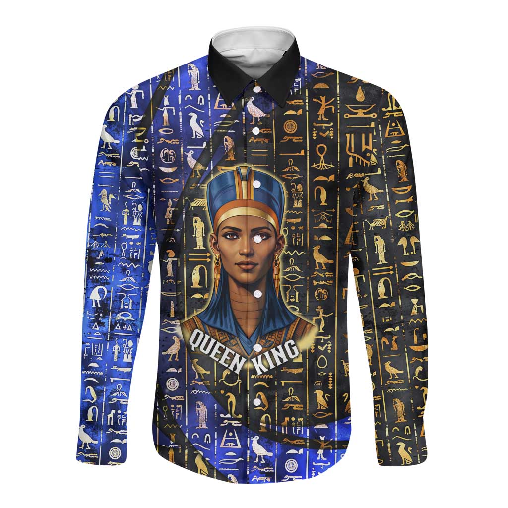 Hatshepsut Long Sleeve Button Shirt with Queen King Portrait, Temple Illustration and Blue-Gold Hieroglyphic - African Pride