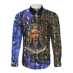 Hatshepsut Long Sleeve Button Shirt with Queen King Portrait, Temple Illustration and Blue-Gold Hieroglyphic - African Pride