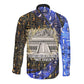 Hatshepsut Long Sleeve Button Shirt with Queen King Portrait, Temple Illustration and Blue-Gold Hieroglyphic - African Pride