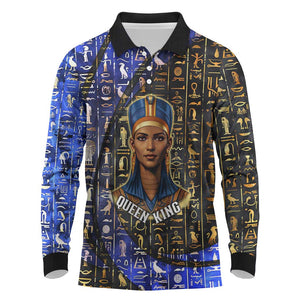 Hatshepsut Long Sleeve Polo Shirt with Queen King Portrait, Temple Illustration and Blue-Gold Hieroglyphic - African Pride