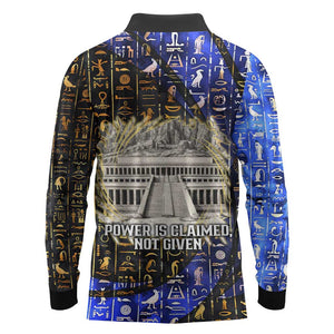 Hatshepsut Long Sleeve Polo Shirt with Queen King Portrait, Temple Illustration and Blue-Gold Hieroglyphic - African Pride