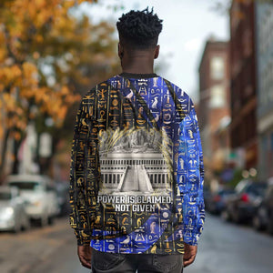 Hatshepsut Long Sleeve Shirt with Queen King Portrait, Temple Illustration and Blue-Gold Hieroglyphic - African Pride