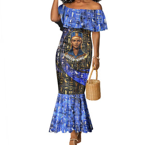 Hatshepsut Mermaid Dress with Queen King Portrait, Temple Illustration and Blue-Gold Hieroglyphic - African Pride