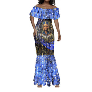 Hatshepsut Mermaid Dress with Queen King Portrait, Temple Illustration and Blue-Gold Hieroglyphic - African Pride