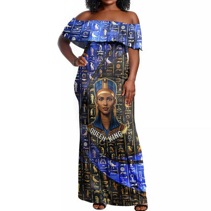 Hatshepsut Off Shoulder Maxi Dress with Queen King Portrait, Temple Illustration and Blue-Gold Hieroglyphic - African Pride
