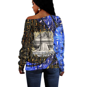 Hatshepsut Off Shoulder Sweater with Queen King Portrait, Temple Illustration and Blue-Gold Hieroglyphic - African Pride